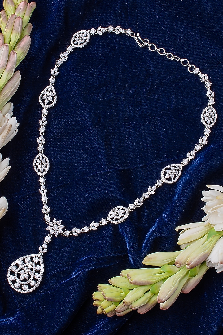 Silver Finish Zircon Pendant Necklace by Vivinia By Vidhi Mehra at Pernia's Pop Up Shop