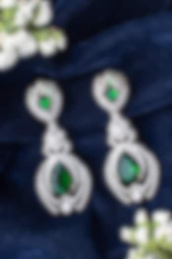 Silver Finish Zircon & Green Gem Stone Dangler Earrings by Vivinia By Vidhi Mehra at Pernia's Pop Up Shop
