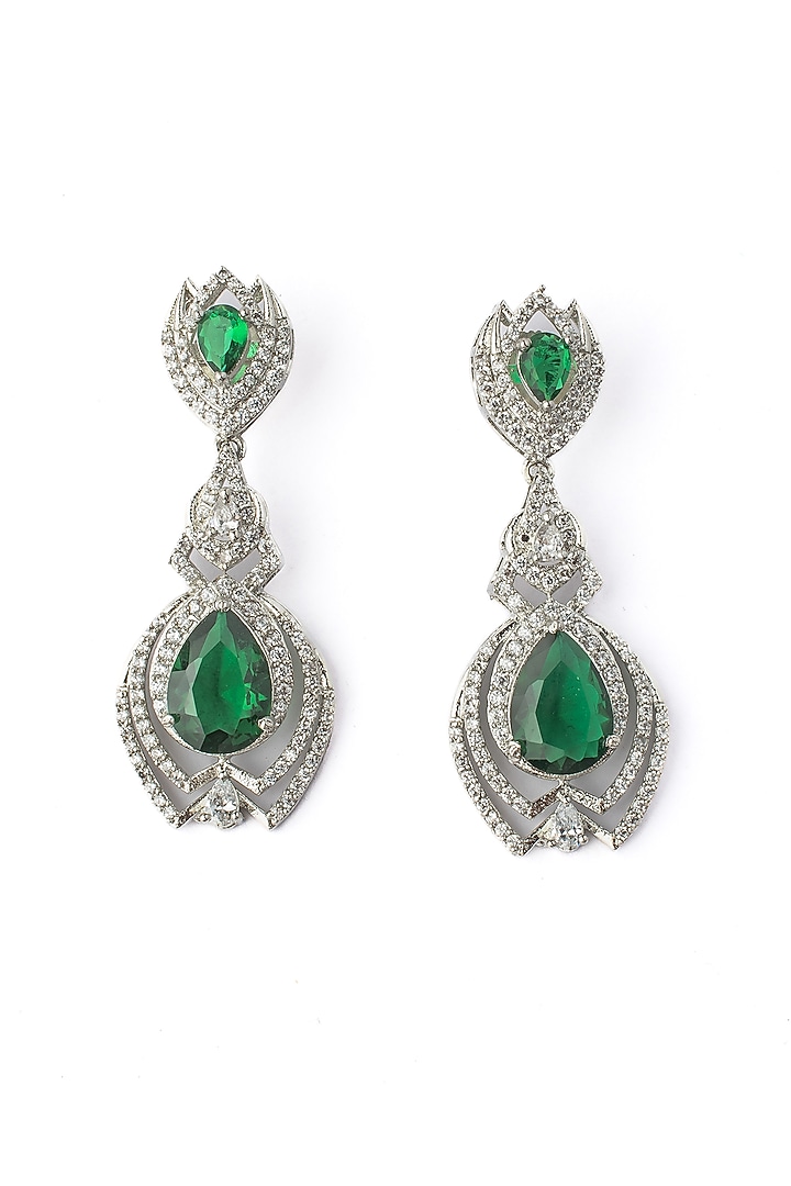 Silver Finish Zircon & Green Gem Stone Dangler Earrings by Vivinia By Vidhi Mehra at Pernia's Pop Up Shop