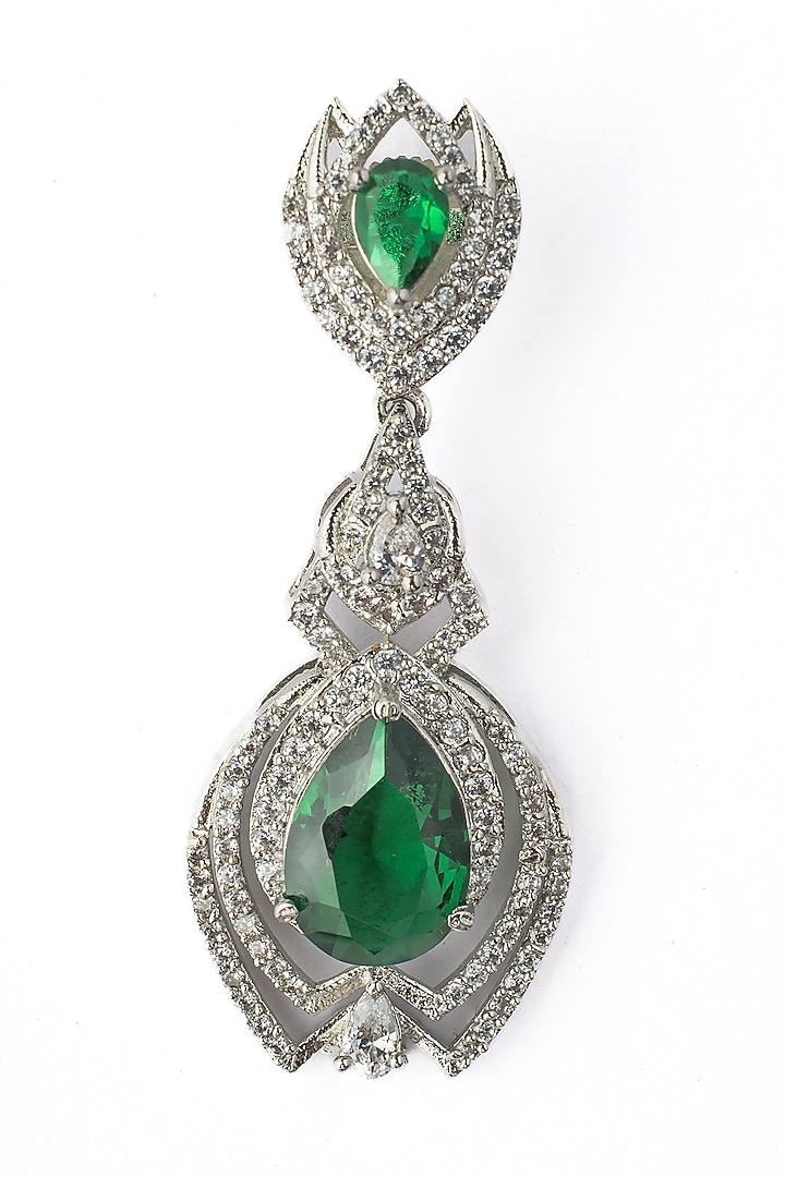 Silver Finish Zircon & Green Gem Stone Dangler Earrings by Vivinia By Vidhi Mehra at Pernia's Pop Up Shop