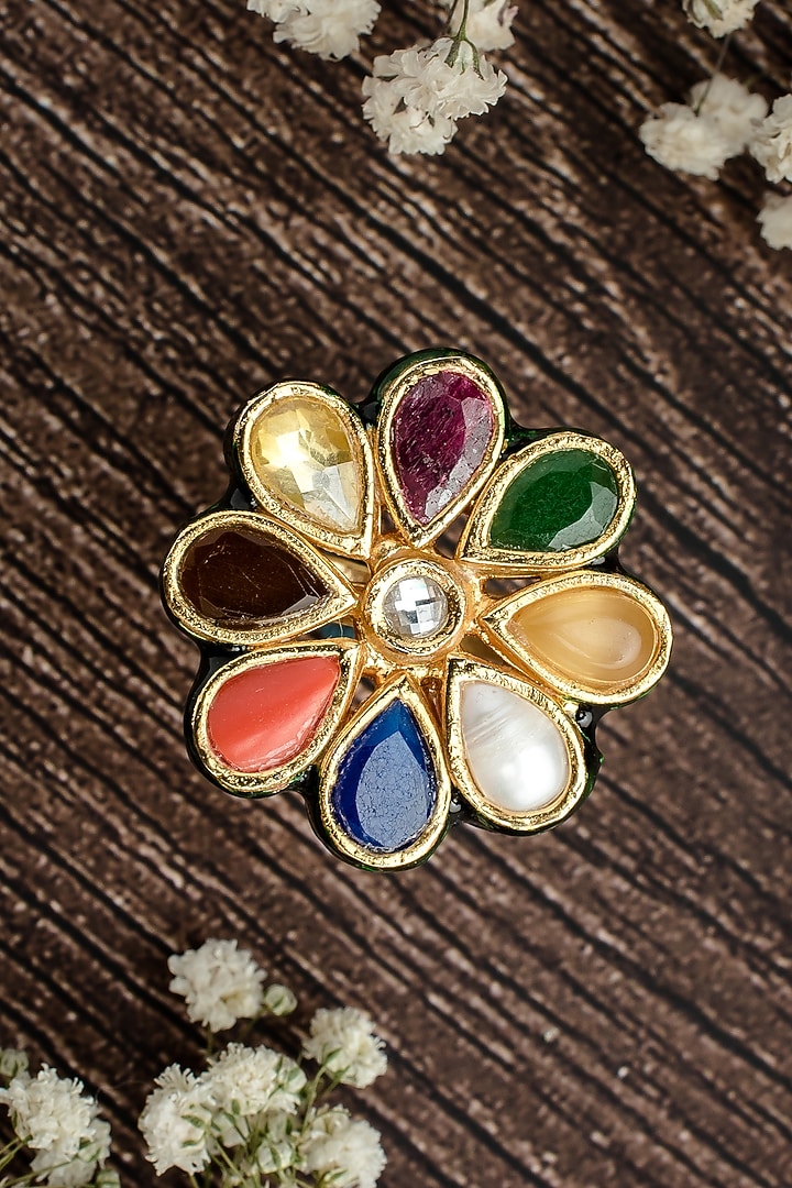 Gold Finish Navratna Gemstone Ring by Vivinia By Vidhi Mehra at Pernia's Pop Up Shop