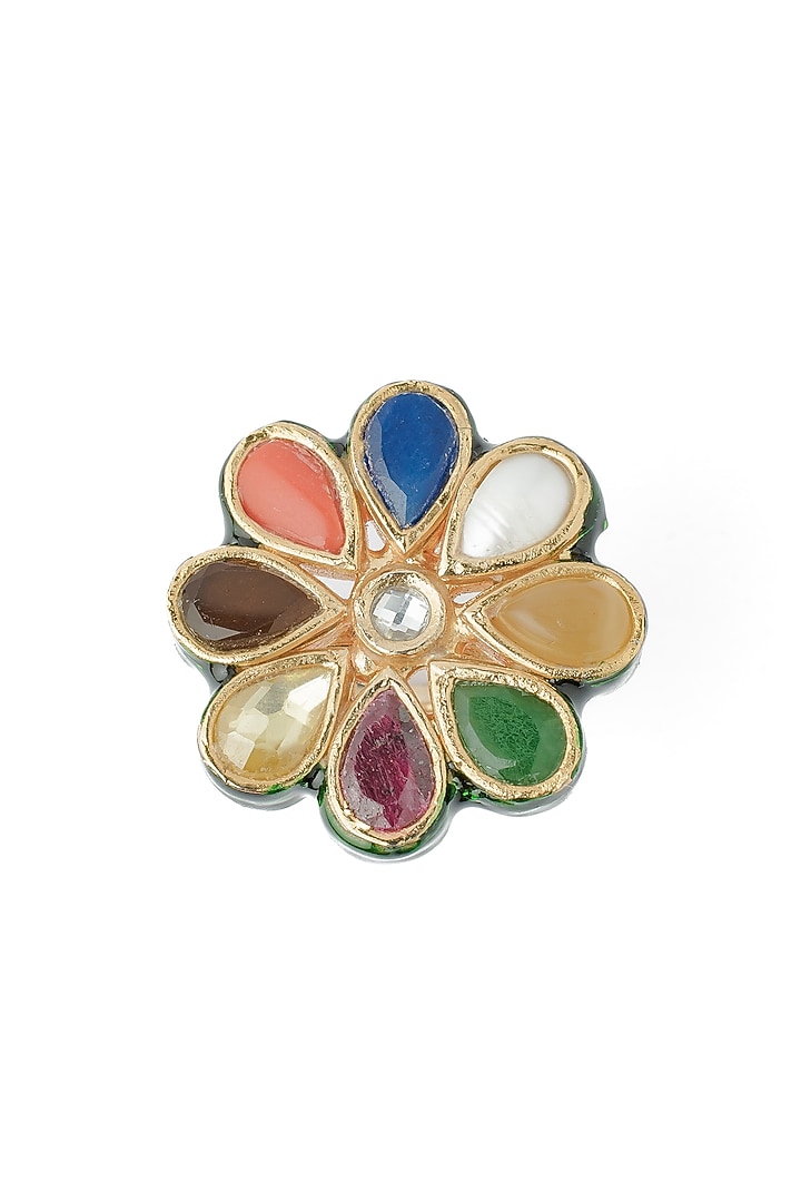 Gold Finish Navratna Gemstone Ring by Vivinia By Vidhi Mehra at Pernia's Pop Up Shop