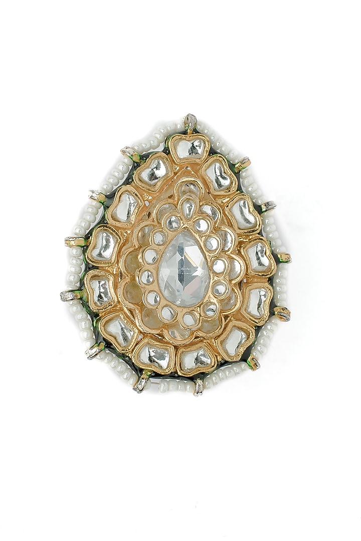 Gold Finish Mirror Work & Pearl Ring by Vivinia By Vidhi Mehra at Pernia's Pop Up Shop