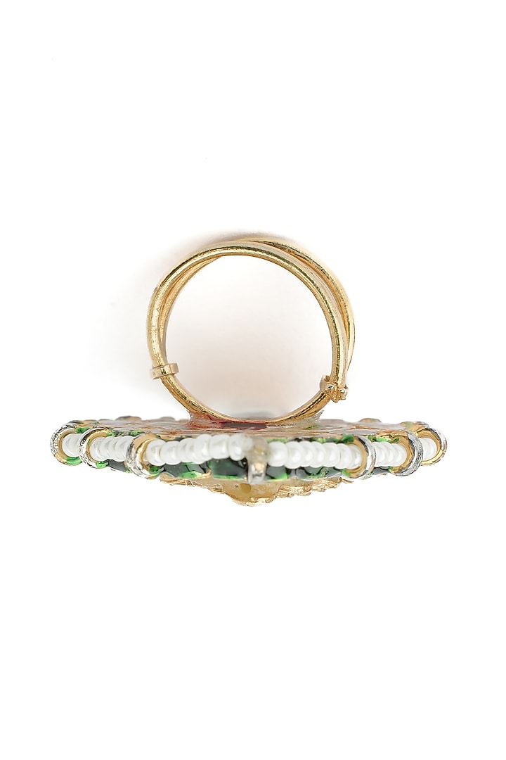 Gold Finish Mirror Work & Pearl Ring by Vivinia By Vidhi Mehra at Pernia's Pop Up Shop