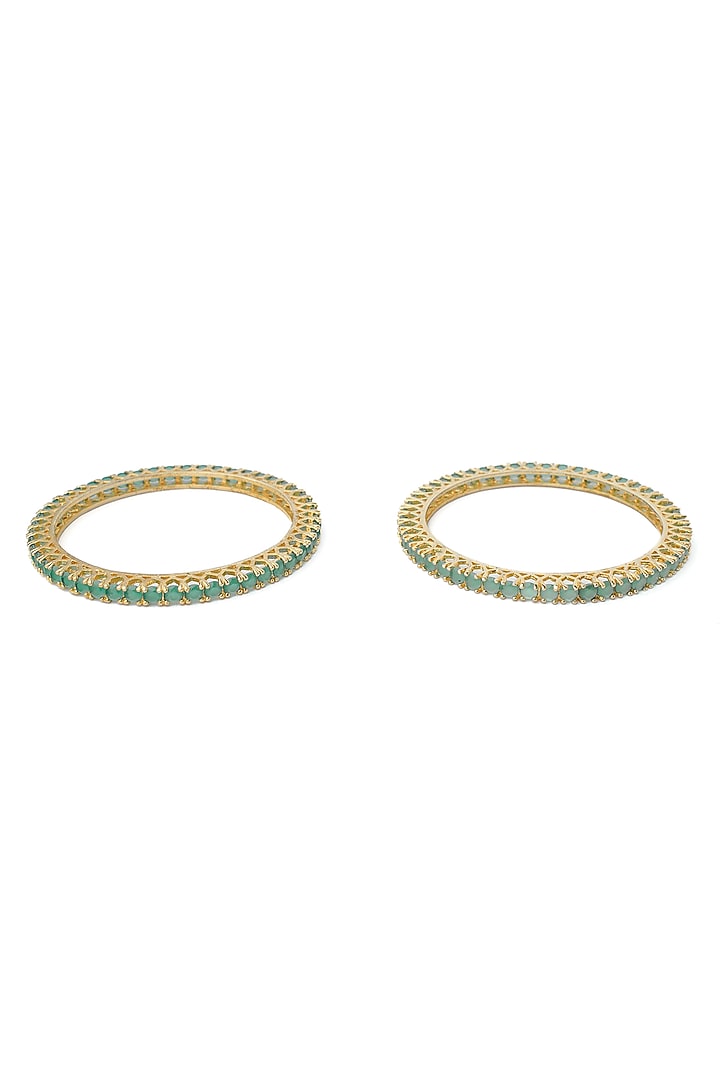 Gold Finish Green Gemstone Bangles (Set Of 2) by Vivinia By Vidhi Mehra at Pernia's Pop Up Shop
