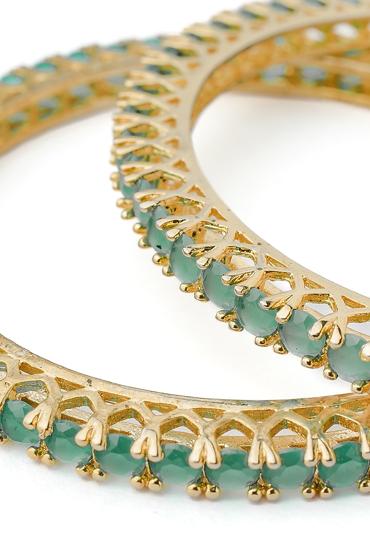 Gold Finish Green Gemstone Bangles (Set Of 2) by Vivinia By Vidhi Mehra at Pernia's Pop Up Shop