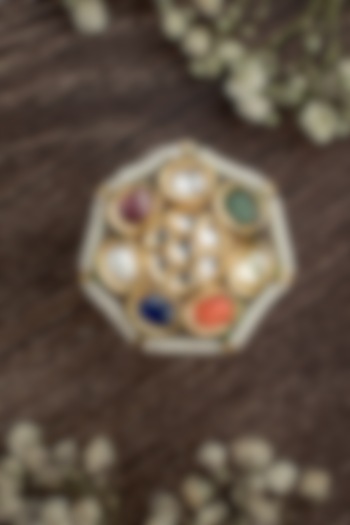 Gold Finish Multi-Colored Gemstone & Kundan Polki Ring by Vivinia By Vidhi Mehra at Pernia's Pop Up Shop