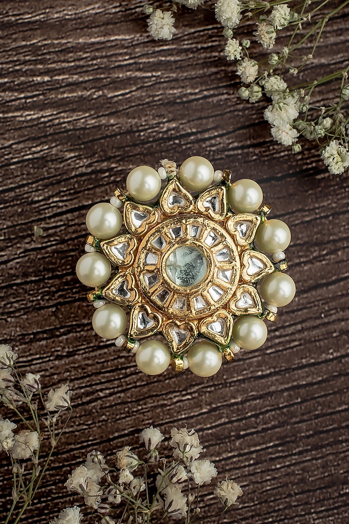 Gold Finish Kundan Polki & Pearl Ring by Vivinia By Vidhi Mehra at Pernia's Pop Up Shop