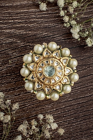 Gold Finish Kundan Polki & Pearl Ring by Vivinia By Vidhi Mehra