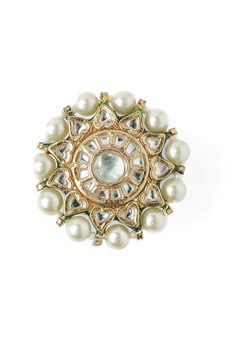 Gold Finish Kundan Polki & Pearl Ring by Vivinia By Vidhi Mehra at Pernia's Pop Up Shop