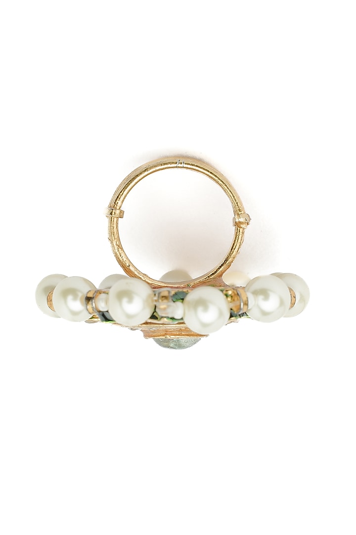 Gold Finish Kundan Polki & Pearl Ring by Vivinia By Vidhi Mehra at Pernia's Pop Up Shop