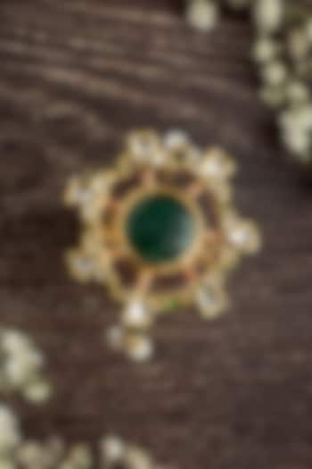 Gold Finish Kundan Polki & Green Stone Handcrafted Ring by Vivinia By Vidhi Mehra at Pernia's Pop Up Shop