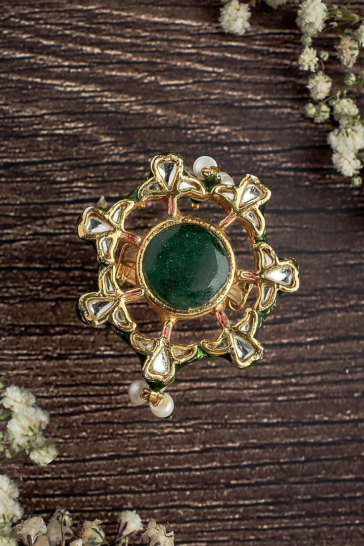 Gold Finish Kundan Polki & Green Stone Handcrafted Ring by Vivinia By Vidhi Mehra at Pernia's Pop Up Shop