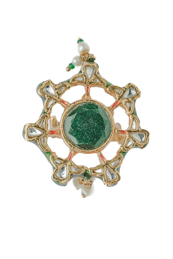 Gold Finish Kundan Polki & Green Stone Handcrafted Ring by Vivinia By Vidhi Mehra at Pernia's Pop Up Shop