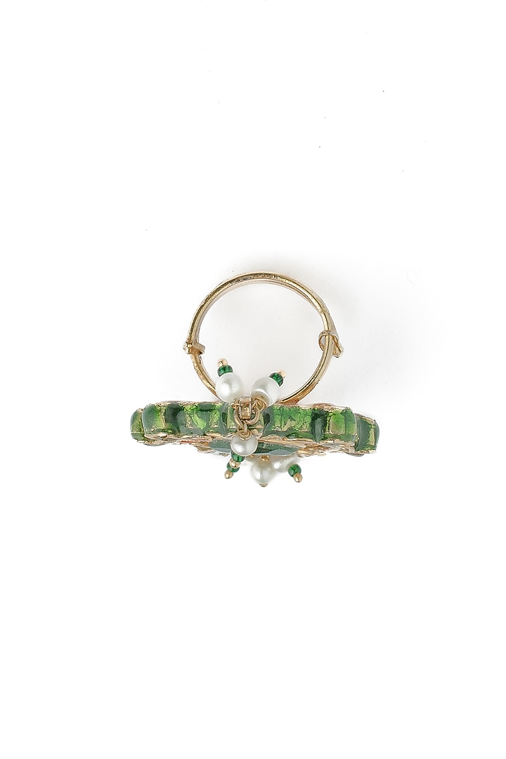 Gold Finish Kundan Polki & Green Stone Handcrafted Ring by Vivinia By Vidhi Mehra at Pernia's Pop Up Shop