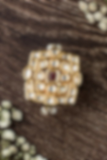 Gold Finish Kundan Polki & Ruby Stone Handcrafted Ring by Vivinia By Vidhi Mehra at Pernia's Pop Up Shop