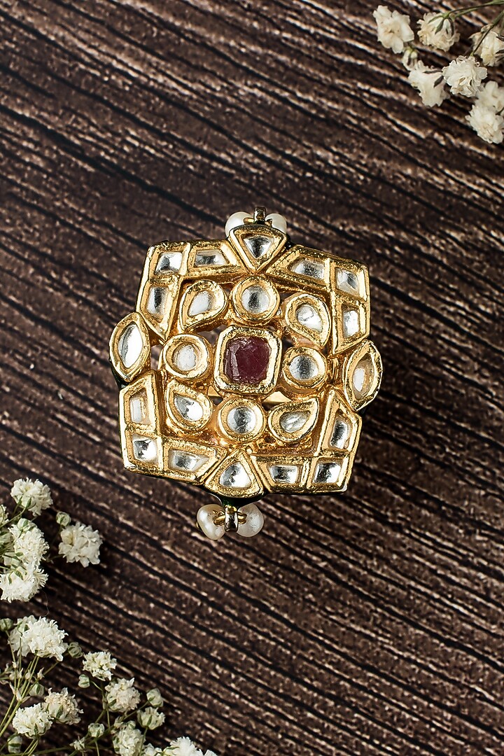 Gold Finish Kundan Polki & Ruby Stone Handcrafted Ring by Vivinia By Vidhi Mehra at Pernia's Pop Up Shop