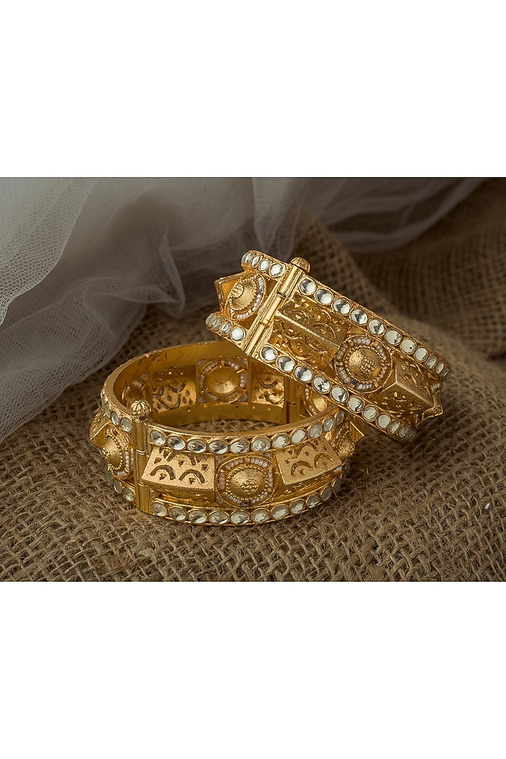 Gold Finish Kundan Polki & Mirror Work Bangles (Set Of 2) by Vivinia By Vidhi Mehra at Pernia's Pop Up Shop