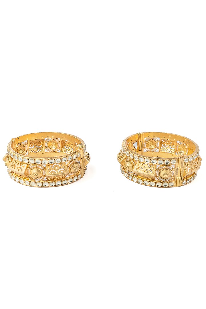 Gold Finish Kundan Polki & Mirror Work Bangles (Set Of 2) by Vivinia By Vidhi Mehra at Pernia's Pop Up Shop