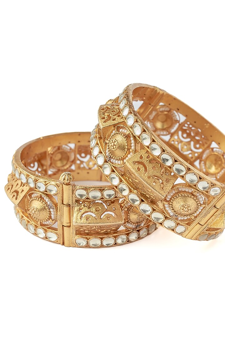 Gold Finish Kundan Polki & Mirror Work Bangles (Set Of 2) by Vivinia By Vidhi Mehra at Pernia's Pop Up Shop