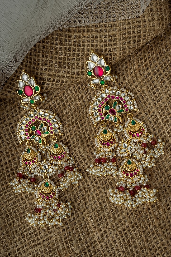 Gold Finish Diamond & Pearl Chandelier Earrings by Vivinia By Vidhi Mehra at Pernia's Pop Up Shop