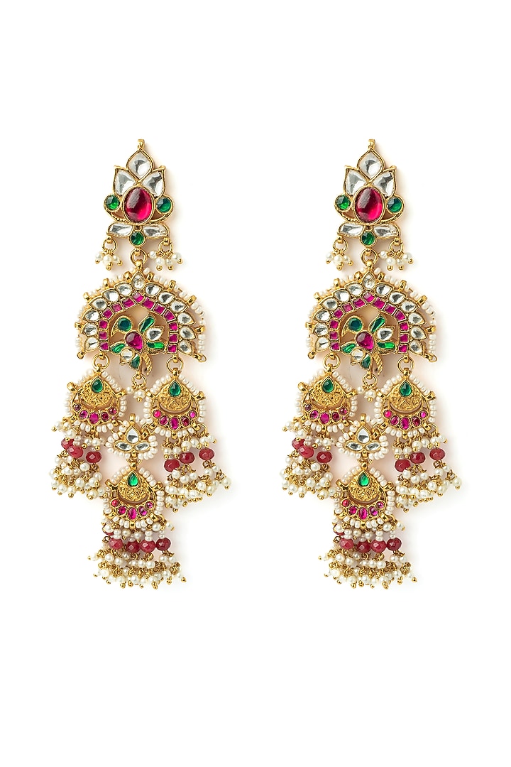 Gold Finish Diamond & Pearl Chandelier Earrings by Vivinia By Vidhi Mehra at Pernia's Pop Up Shop