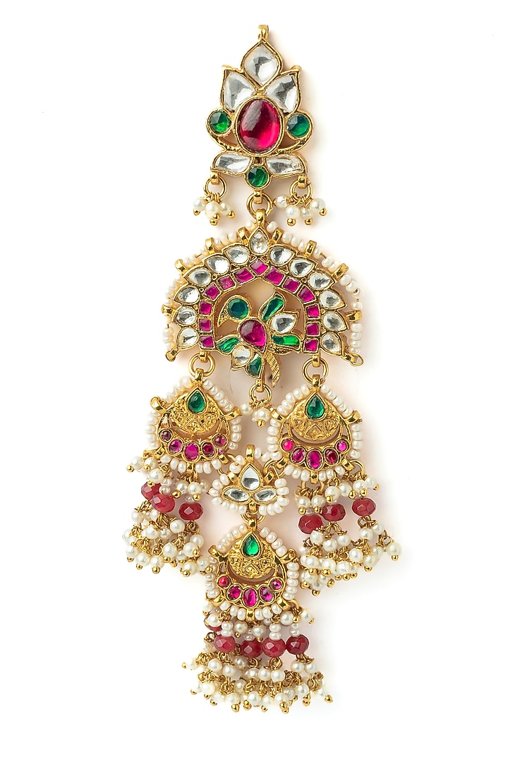 Gold Finish Diamond & Pearl Chandelier Earrings by Vivinia By Vidhi Mehra at Pernia's Pop Up Shop