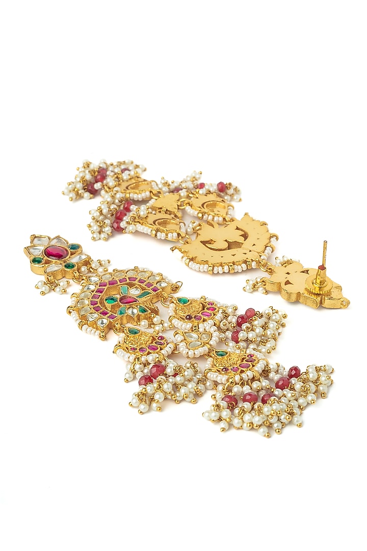 Gold Finish Diamond & Pearl Chandelier Earrings by Vivinia By Vidhi Mehra at Pernia's Pop Up Shop