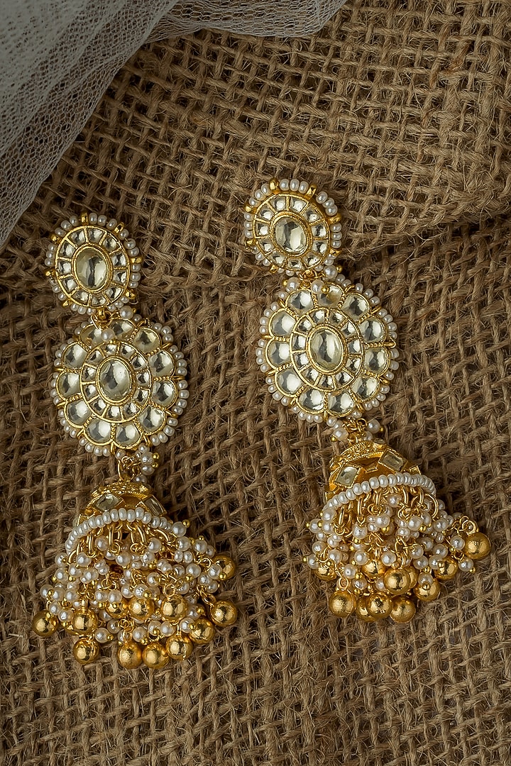 Gold Finish Kundan Polki & Diamond Jhumka Earrings by Vivinia By Vidhi Mehra at Pernia's Pop Up Shop