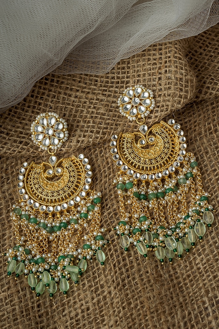 Gold Finish Kundan Polki & Green Stone Earrings by Vivinia By Vidhi Mehra at Pernia's Pop Up Shop