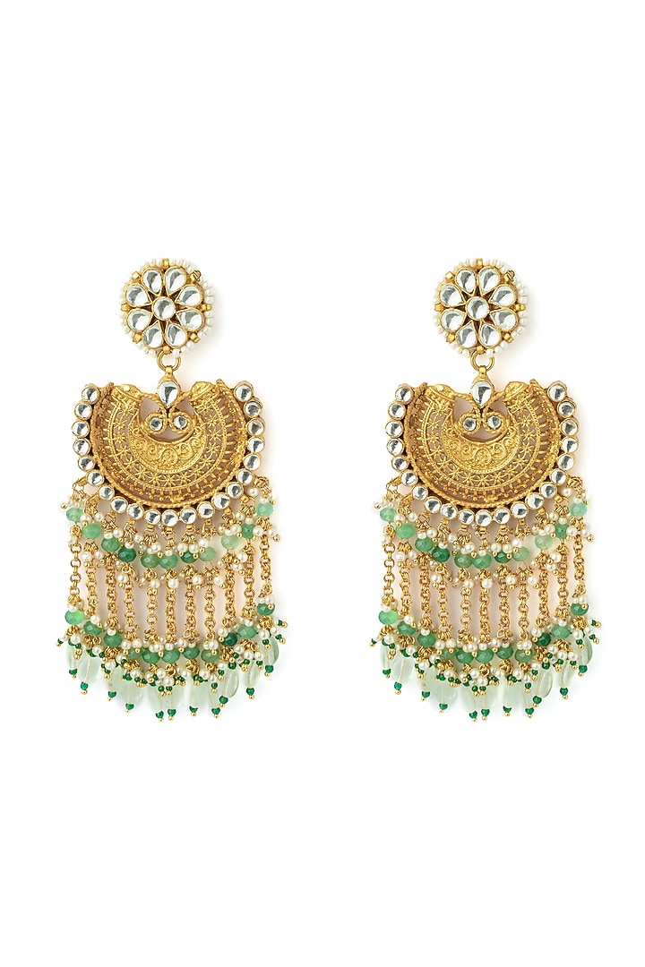 Gold Finish Kundan Polki & Green Stone Earrings by Vivinia By Vidhi Mehra at Pernia's Pop Up Shop