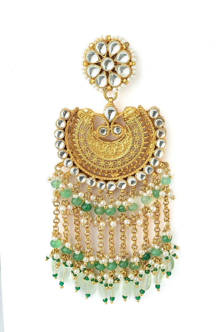Gold Finish Kundan Polki & Green Stone Earrings by Vivinia By Vidhi Mehra at Pernia's Pop Up Shop