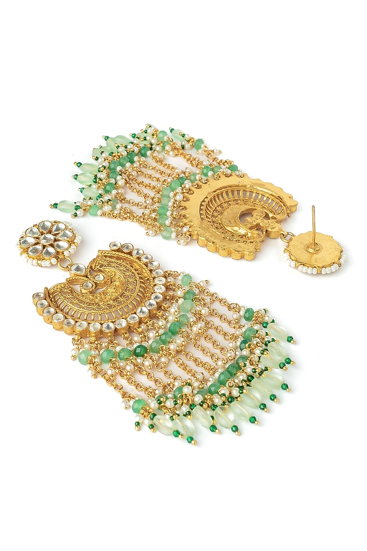 Gold Finish Kundan Polki & Green Stone Earrings by Vivinia By Vidhi Mehra at Pernia's Pop Up Shop