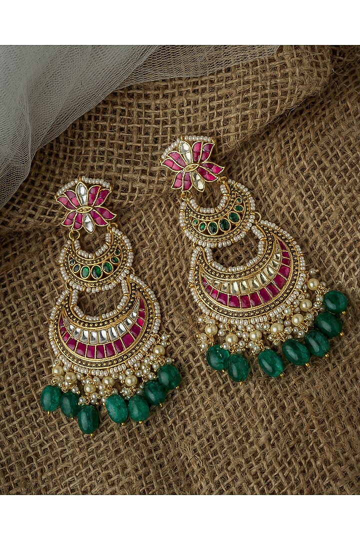 Gold Finish Multi-Colored Kundan Polki Chandelier Earrings by Vivinia By Vidhi Mehra at Pernia's Pop Up Shop