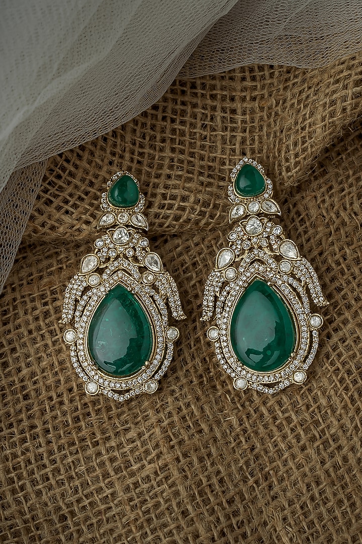 Gold Finish Green Gemstone Earrings by Vivinia By Vidhi Mehra at Pernia's Pop Up Shop