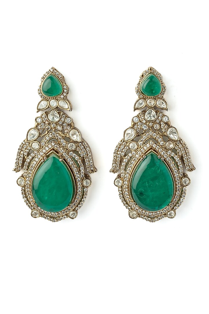 Gold Finish Green Gemstone Earrings by Vivinia By Vidhi Mehra at Pernia's Pop Up Shop