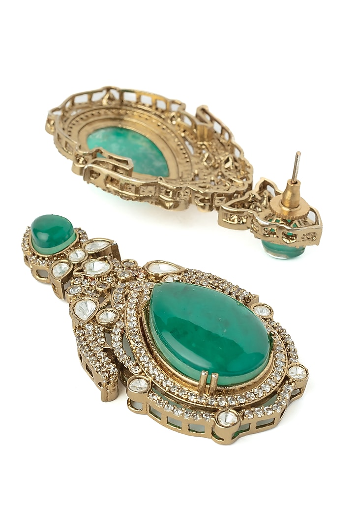 Gold Finish Green Gemstone Earrings by Vivinia By Vidhi Mehra at Pernia's Pop Up Shop