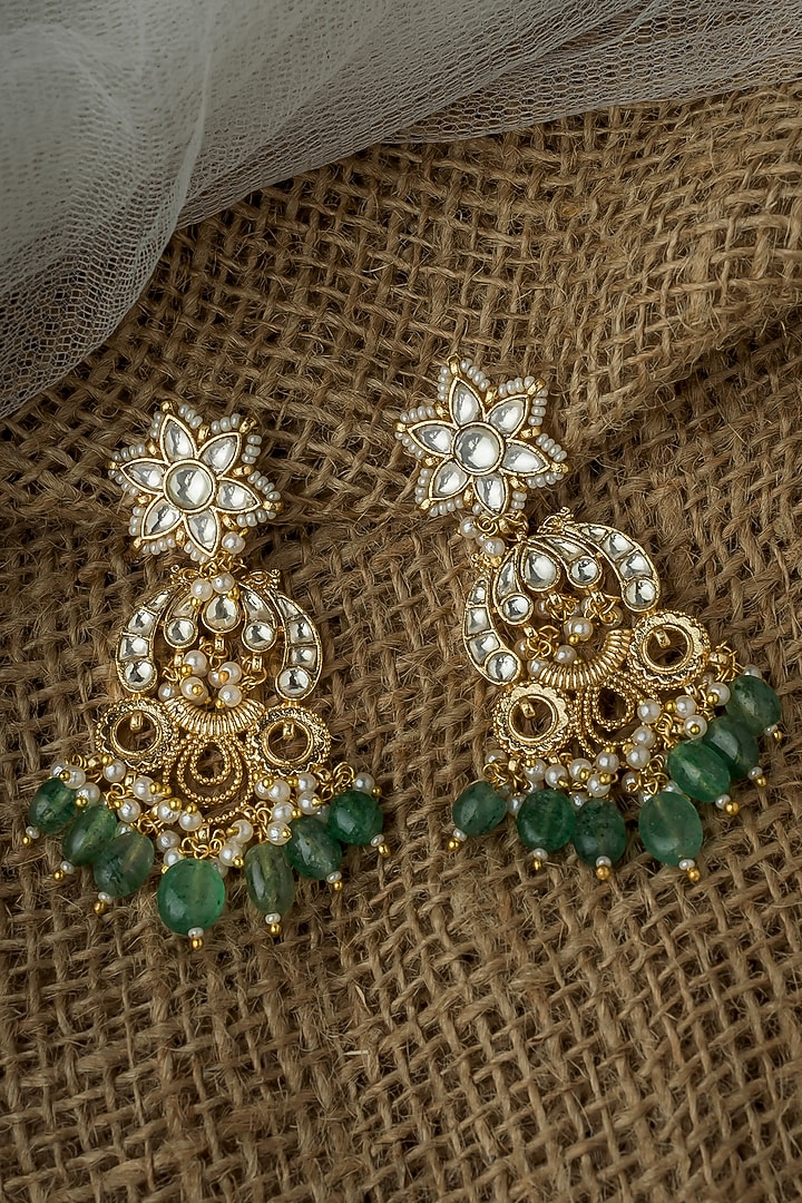 Gold Finish Kundan Polki & Green Beaded Chandelier Earrings by Vivinia By Vidhi Mehra at Pernia's Pop Up Shop