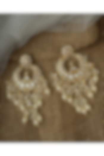 Gold Finish Kundan Polki & Pearl Drop Chandelier Earrings by Vivinia By Vidhi Mehra at Pernia's Pop Up Shop