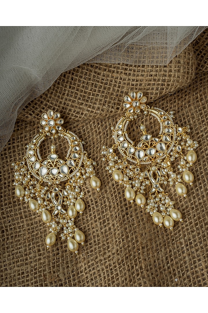 Gold Finish Kundan Polki & Pearl Drop Chandelier Earrings by Vivinia By Vidhi Mehra at Pernia's Pop Up Shop