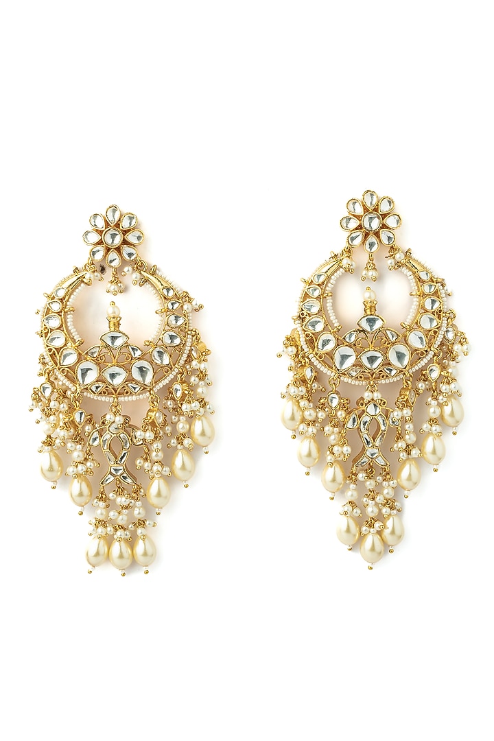 Gold Finish Kundan Polki & Pearl Drop Chandelier Earrings by Vivinia By Vidhi Mehra at Pernia's Pop Up Shop