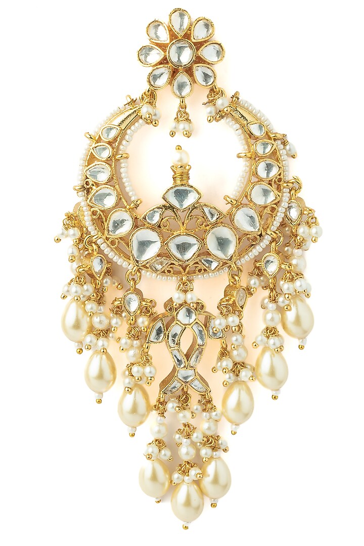 Gold Finish Kundan Polki & Pearl Drop Chandelier Earrings by Vivinia By Vidhi Mehra at Pernia's Pop Up Shop