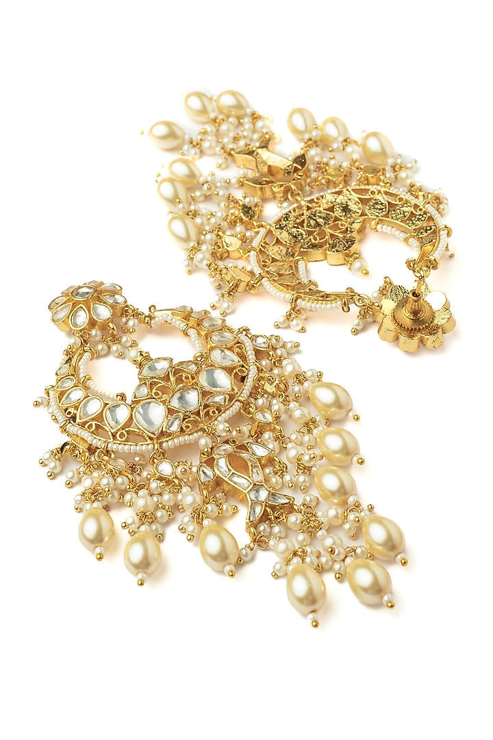 Gold Finish Kundan Polki & Pearl Drop Chandelier Earrings by Vivinia By Vidhi Mehra at Pernia's Pop Up Shop