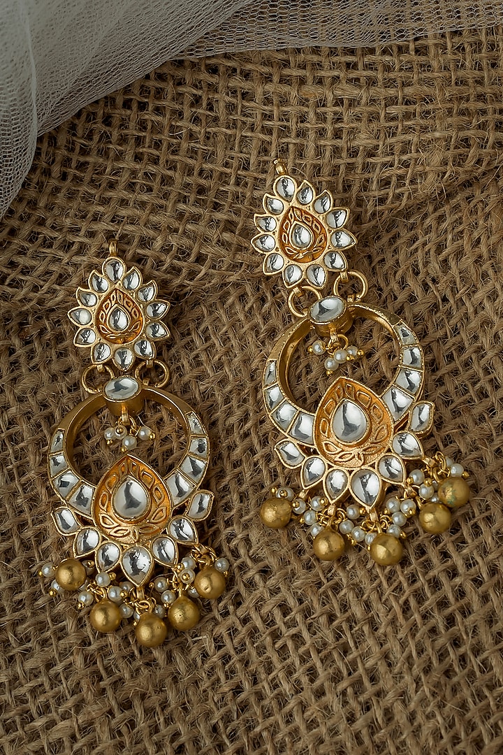 Gold Finish Kundan Polki & Bead Drop Chandelier Earrings by Vivinia By Vidhi Mehra at Pernia's Pop Up Shop