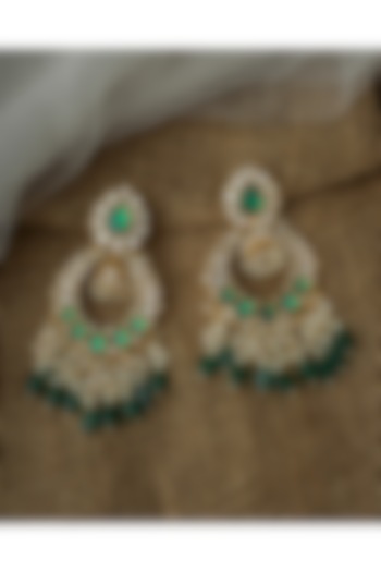 Gold Finish Kundan Polki & Green Gemstone Chandelier Earrings by Vivinia By Vidhi Mehra at Pernia's Pop Up Shop