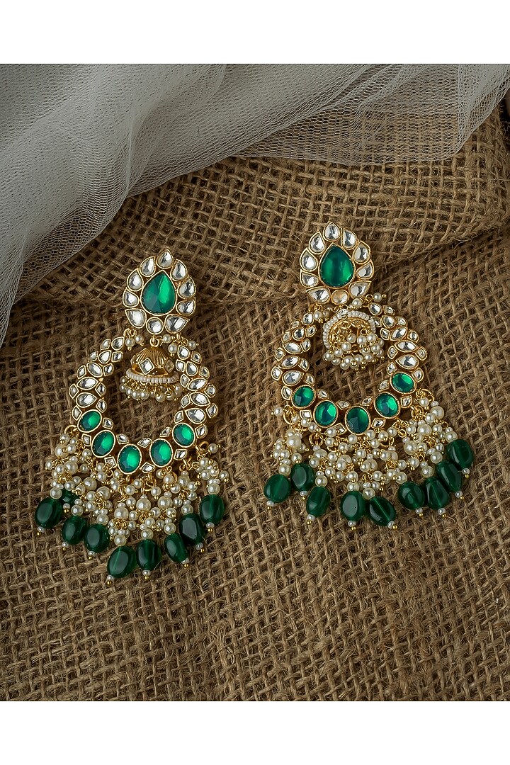 Gold Finish Kundan Polki & Green Gemstone Chandelier Earrings by Vivinia By Vidhi Mehra at Pernia's Pop Up Shop