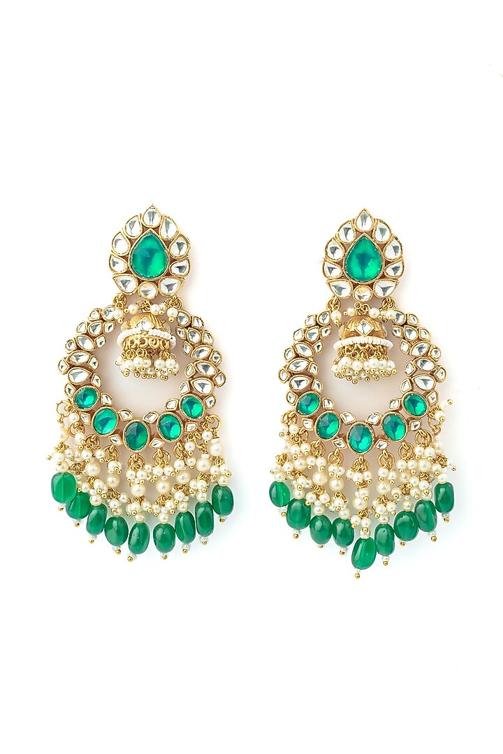 Gold Finish Kundan Polki & Green Gemstone Chandelier Earrings by Vivinia By Vidhi Mehra at Pernia's Pop Up Shop
