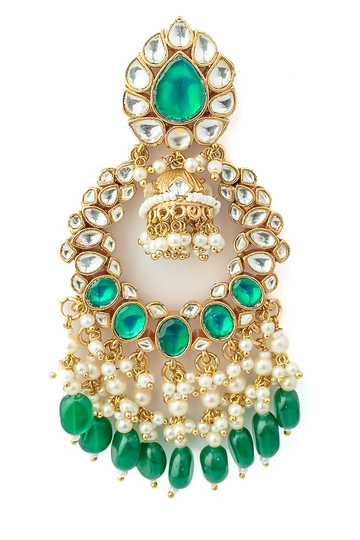 Gold Finish Kundan Polki & Green Gemstone Chandelier Earrings by Vivinia By Vidhi Mehra at Pernia's Pop Up Shop