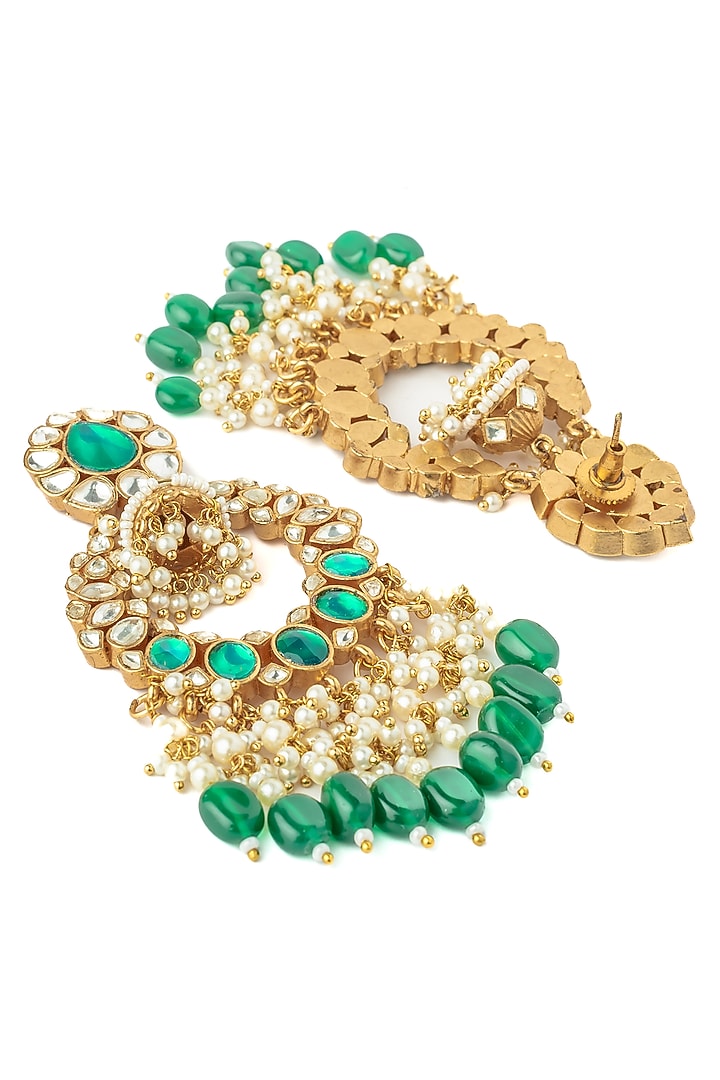 Gold Finish Kundan Polki & Green Gemstone Chandelier Earrings by Vivinia By Vidhi Mehra at Pernia's Pop Up Shop