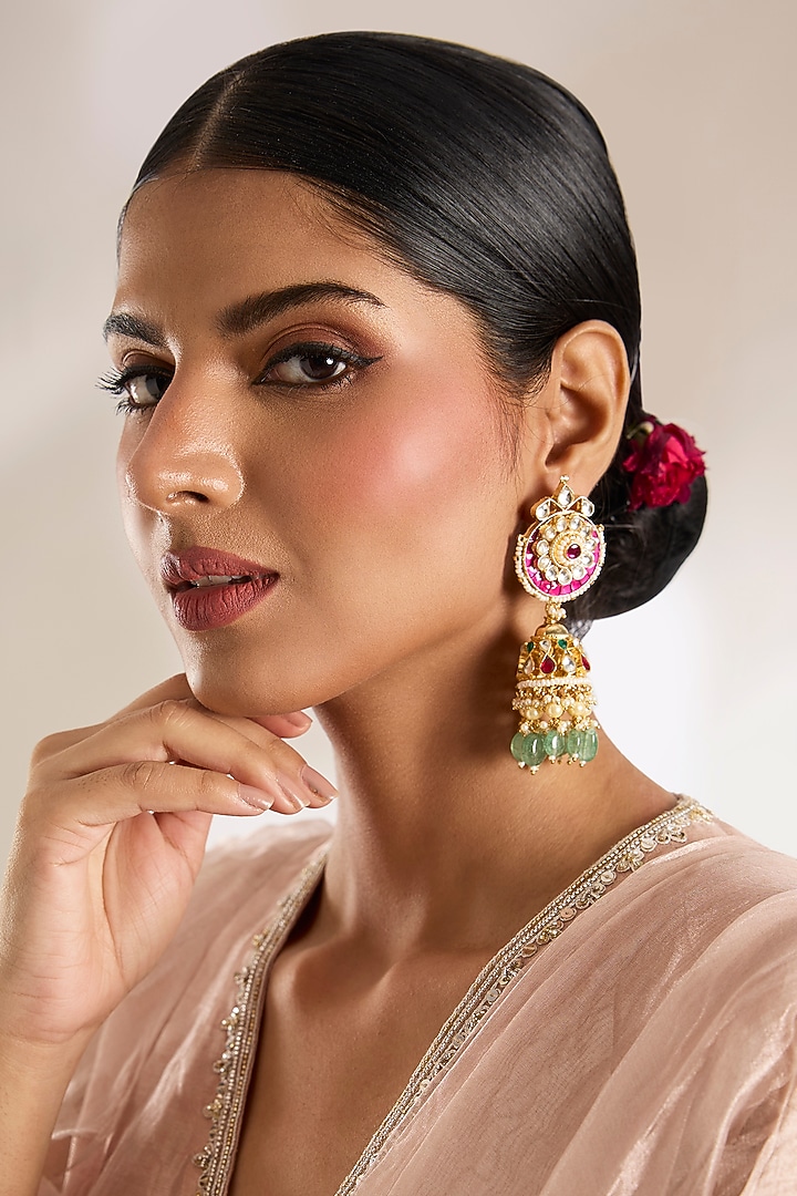 Gold Finish Pink Stone Jhumka Earrings by Vivinia By Vidhi Mehra at Pernia's Pop Up Shop